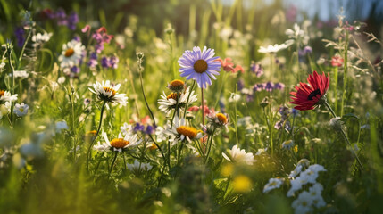 wild flowers on a flower meadow in spring. Generative AI