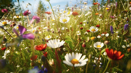 wild flowers on a flower meadow in spring. Generative AI