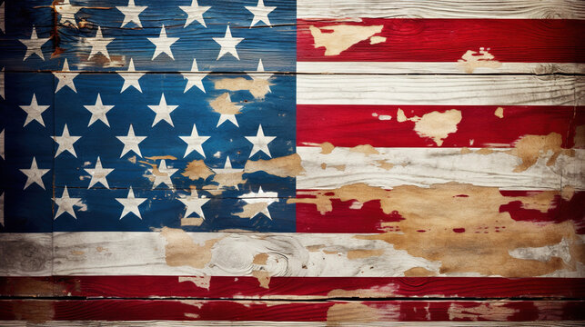 Wallpaper with the USA flag painted on wood. generate by ai