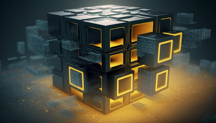 Square blocks are collected in a cubic array against .Generative AI.