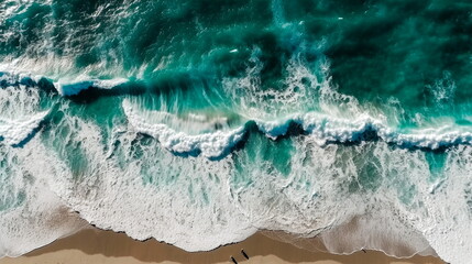 Aerial view of beautiful turquoise ocean waves rolling on sandy beach