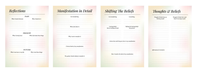 Fototapeta premium Set of printable gradient vector manifestation, affirmation, gratitude planner template set for journaling, self-reflection, self care, poster, shadow work, or coaching