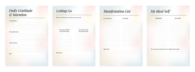 Set of printable gradient vector manifestation, affirmation, gratitude planner template set for journaling, self-reflection, self care, poster, shadow work, or coaching