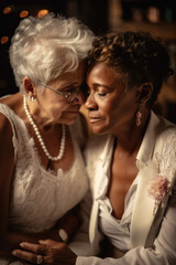 Fototapeta premium Old women lesbian couple. marrage Black and Caucasian female bride in love. LGBT pride month celebration generative ai