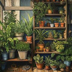 Houseplants on Shelves. Generative AI.
A digital illustration of many houseplants on a series of shelves. 