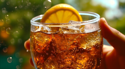 Shot of a hand holding a refreshing cold beverage with droplets condensing on the glass, against a backdrop of a vibrant outdoor setting