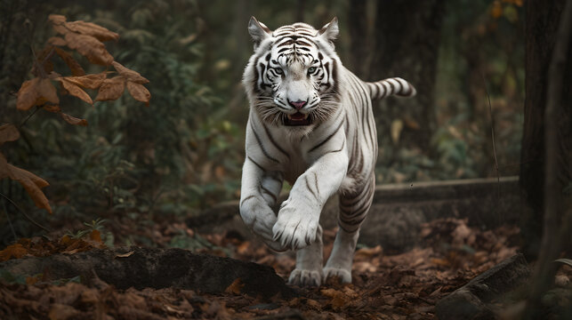 Great white tiger running and jump in the jungle with green plants on the background. Generative AI.