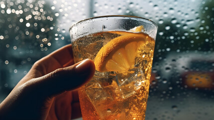 Shot of a hand holding a refreshing cold beverage with droplets condensing on the glass, against a backdrop of a vibrant outdoor setting