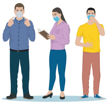 color set with three masked people in vector and illustration