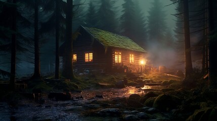 Cabin in the woods with lights and heavy night atmosphere with volumetric fog created with Generative AI technology