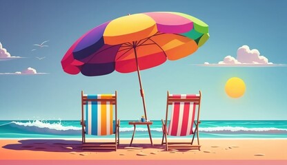 Chairs and umbrella on the beach on island vacation holiday.Generative AI.
