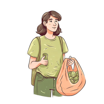 Eco-friendly activist with green t-shirt with reusable bag - Plasticine Illustration 1