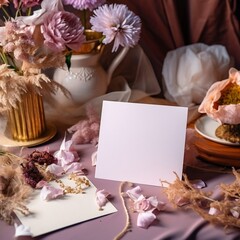 Naklejka na ściany i meble Tabletop Mock-Up Empty Paper Card with Dried Flowers. AI