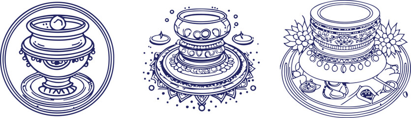 set of hand drawn illustrations of Indian Pot and Rangoli