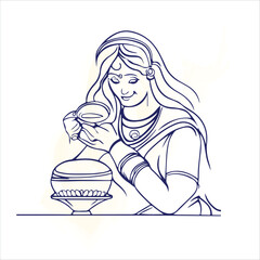 Indian Woman Doing puja line art vector 