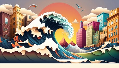 Tsunami with big wave going to hit a big city buildings.Generative AI.