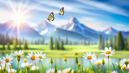  spring background nature with blooming glade, butterfly and blue sky on a sunny day, Generative AI