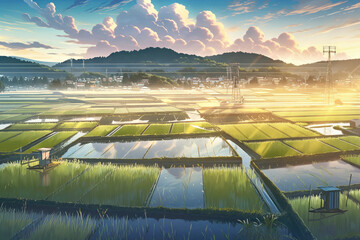 beautiful rice field and rural scenery, Generative AI