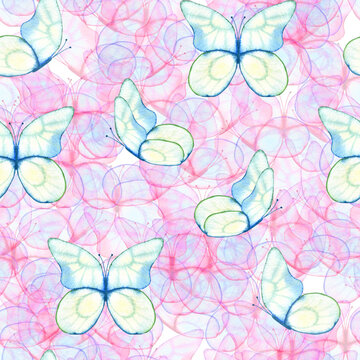 Transparent butterflies seamless watercolor pattern. Hand drawn endless background with insects. Delicate print for fabric and wallpaper.