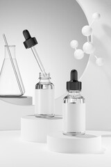 Transparent liquid contained inside two dropper bottle without label and an erlenmeyer flask on the podium. 3D illustration