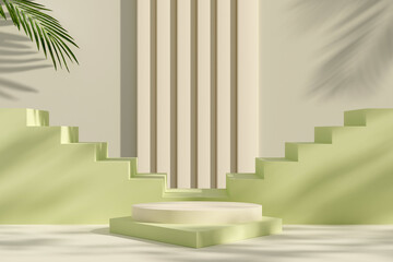 Abstract modern minimal background with blank space for product presentation. Stacked of empty podiums and pastel stairways on gray wall with tropical leaves. 3d render