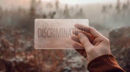 Discrimination and prejudice concept. Woman holding a glass card etched with word discrimination. Generated with the use of an AI. - obrazy, fototapety, plakaty
