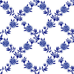 .Blue and white abstract flowers. Vector seamless pattern. Floral texture on a white background.  Chinese style design. .