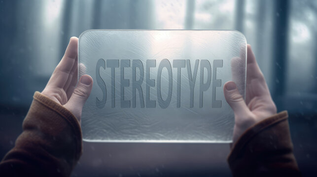 Person holds a stereotype. Word etched on a frosted glass rectangle. Generated with the use of an AI.
