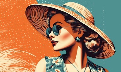 Young fashion woman wearing 60s retro style clothes, 60s poster.