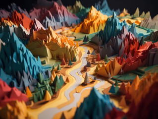 Colorful paper cut terrain mountains background created with Generative AI technology.