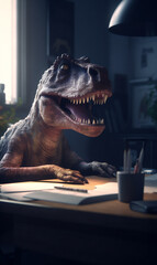 Close up grumpy little tyrannosaurus rex at computer work desk