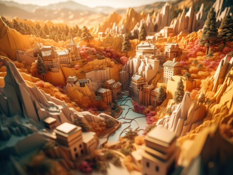 Colorful papercraft medieval city paper cut terrain background created with Generative AI technology.