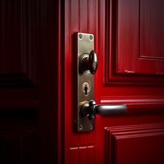 Close-Up of Red Door with Handle and Lock. AI