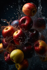 Closeup of jumping apples and the collision of water