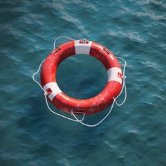 Lifebuoy Floating on Blue Water from Top View. AI