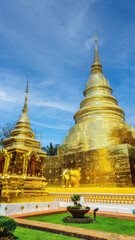 Fototapeta premium Golden stupas inside compound of famous ancient landmark Wat Phra Singh buddhist temple, Chiang Mai, Thailand