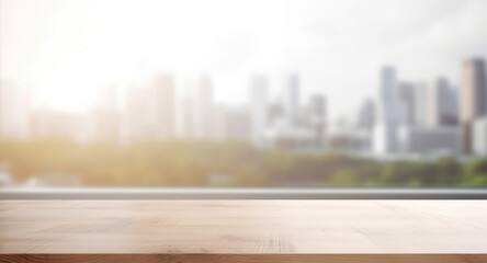 Obraz premium Wooden table top on blur window glass with city view, product display concept, Generative Ai