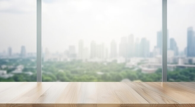 Wooden table top on blur window glass with city view, product display concept, Generative Ai