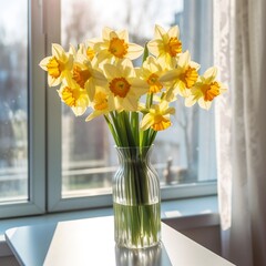 Yellow Daffodils in a Glass Vase Bathed in Sunlight. AI