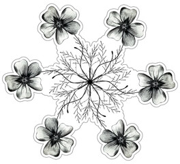 Fototapeta premium Black and White Hand Drawn Marigold Flower Round Composition Sticker Isolated on White Background. Marigold Flower CompositionSticker Drawn by Black Pencil.