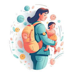 Fototapeta premium Loving parent with baby carrier with diaper bag - Plasticine Illustration 3