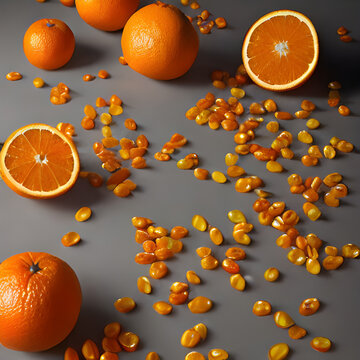 Vibrant orange fruit and slices with corn seeds, a colorful and refreshing composition