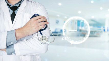 Doctor and 24/7 service icon for assistance patient when accident or emergency, Medical call center service without interruption.