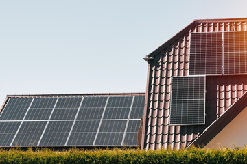 Solar panels on the roof. Concept of using photovoltaics in rural areas and countryside for a...