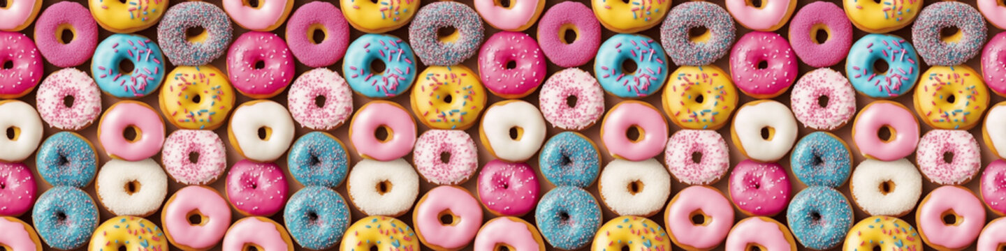 Creative food baker bake bakery background banner panorama wallpaper, seamless pattern texture - Top view of many colorful pink sweet delicious donuts (Generative Ai)