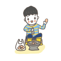 boy crush egg shell for growing plants, hand drawn style vector