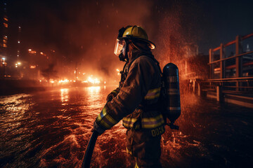 Strażak gaszący płonący budynek - obrazy, fototapety, plakaty