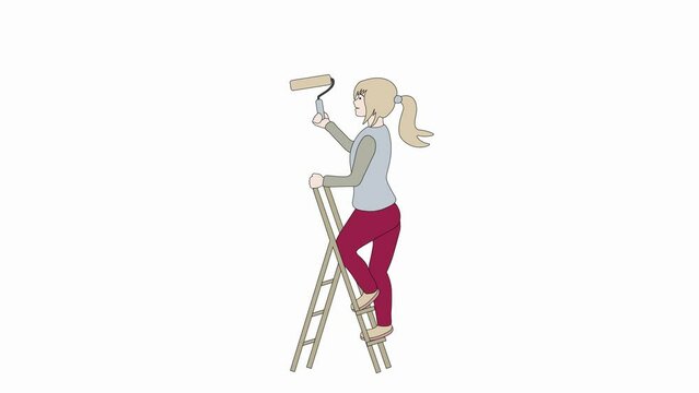 animation of the cartoon where the painter girl stands on the stairs and paints the wall with a roller, makes repairs