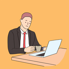 continuous line man using computer to work freelance use headphones listen to music relax hand drawn illustration vector