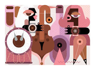 Wine and music vector illustration. A man playing contrabass, woman listen a music and drink wine.